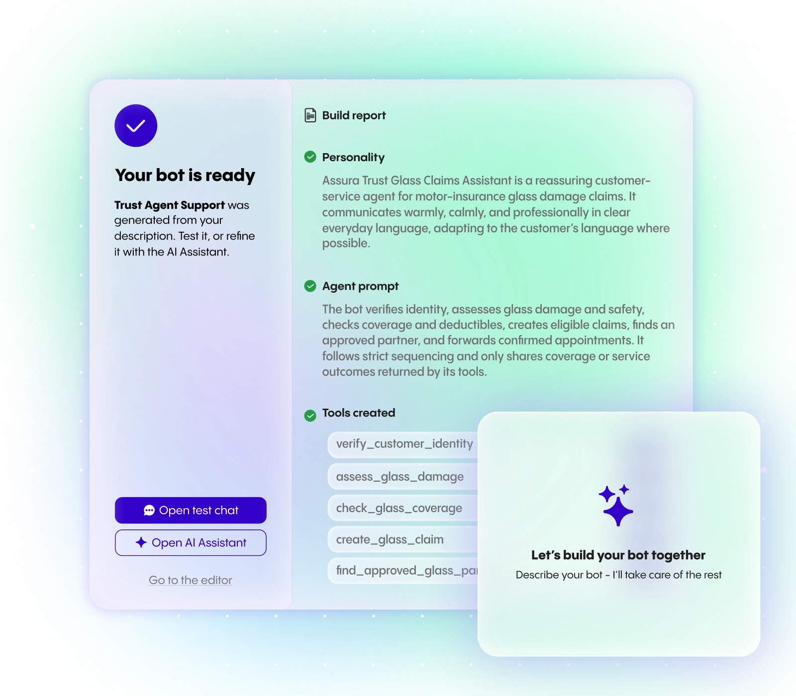 A chatbot creation interface is shown with a readiness message, build report, agent prompt details, and created tools list, over a gradient background.