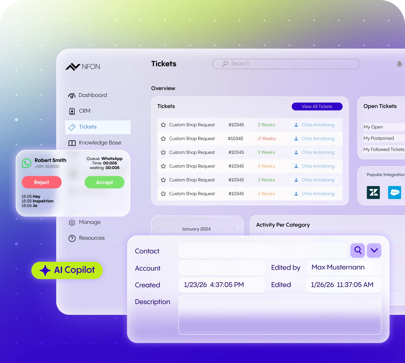 Digital interface showing NFON's AI-powered contact center with smart ticket management.