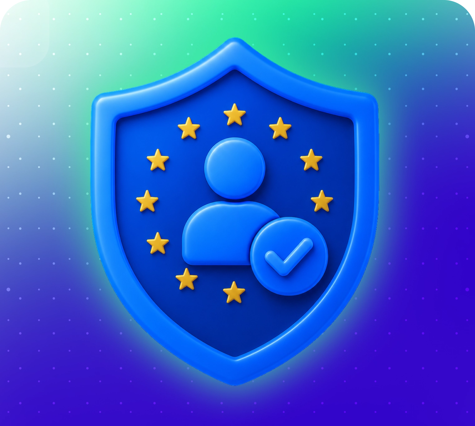 A blue shield with a person icon, checkmark, and surrounded by EU-style yellow stars, symbolizing data security and GDPR compliance.
