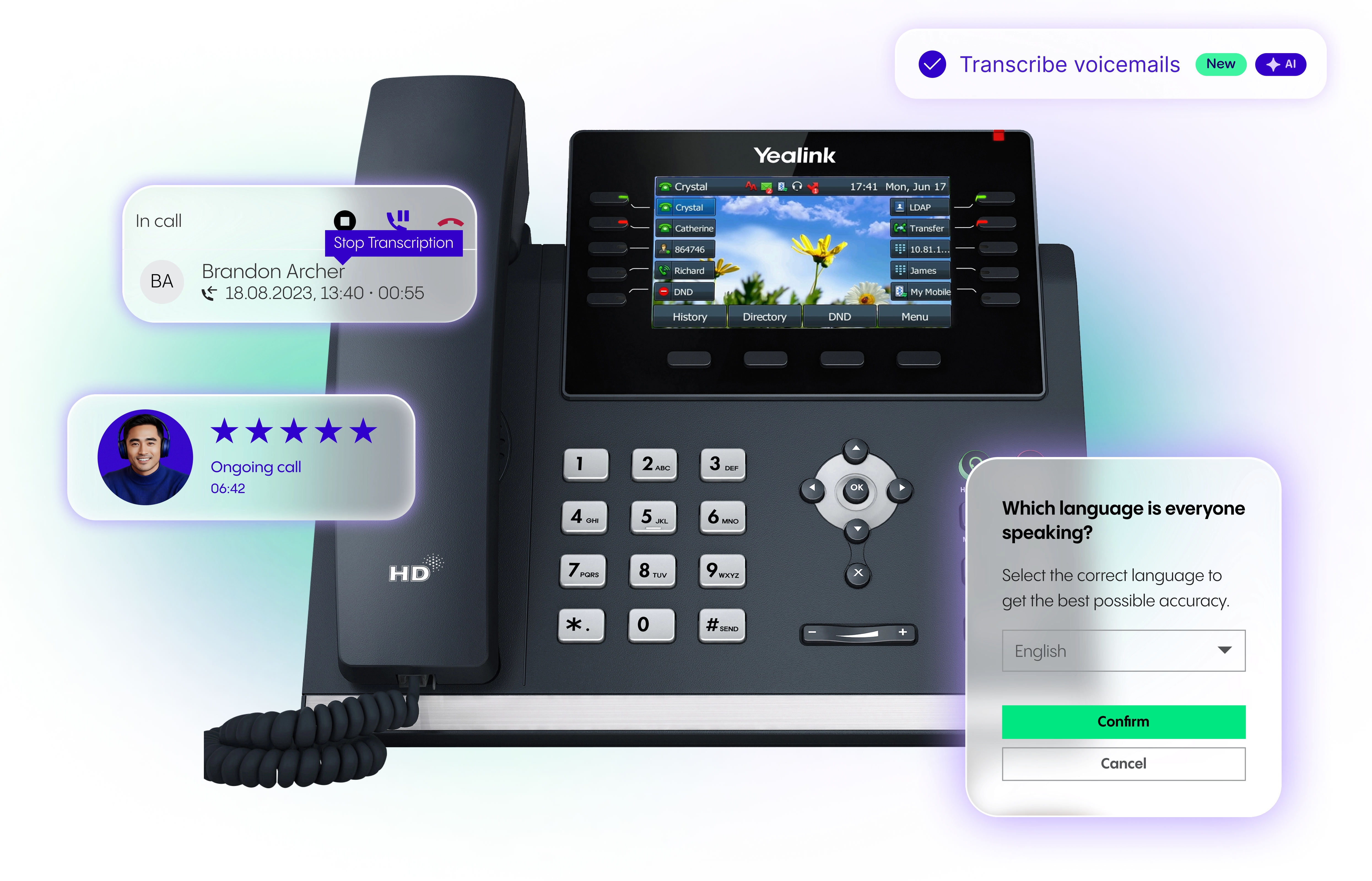 Ein Yealink-Tischtelefon mit digitalem Display, Anrufoberfläche und Benachrichtigungen. An der Seite werden Optionen für die Voicemail-Transkription und die Sprachauswahl angezeigt.