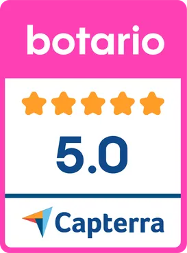 Pink badge showing "botario" with a 5-star rating and "5.0" score from Capterra.