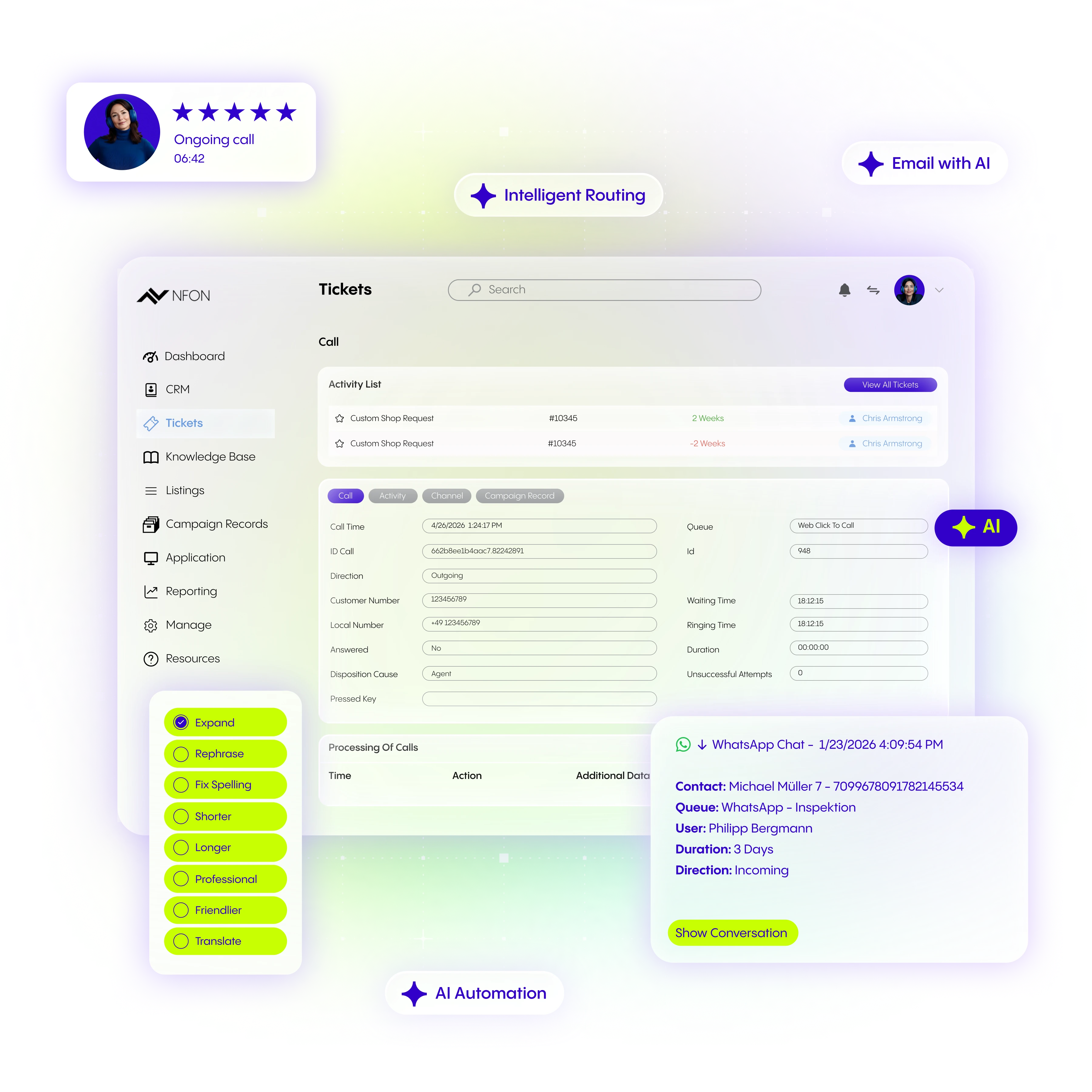 Benutzeroberfläche eines NFON-Contact-Centers mit KI-Tools, Ticketmanagement, Anrufdetails und Automatisierungsoptionen.