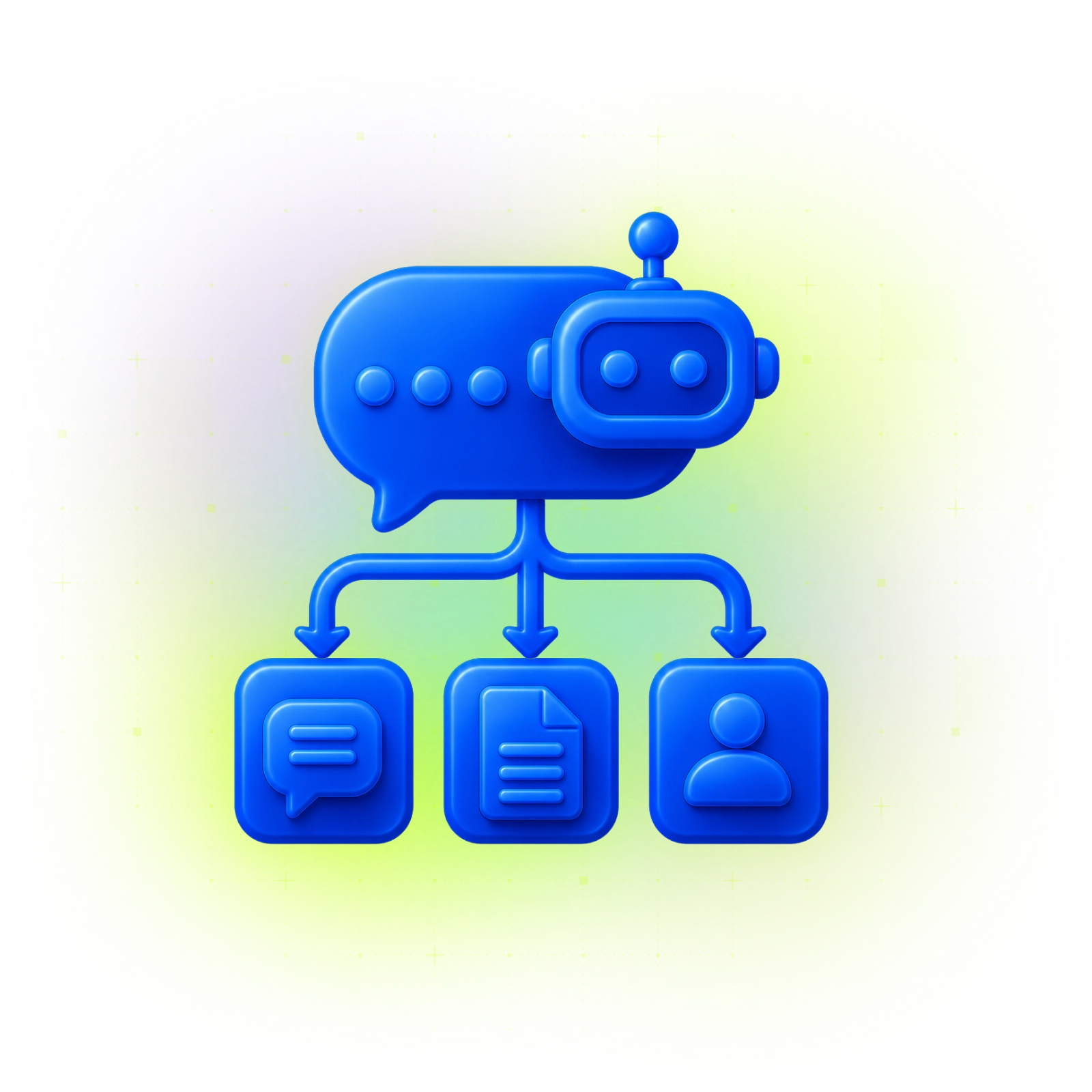 A blue chatbot icon with three arrows pointing to message, document, and user icons on a green and yellow gradient background.
