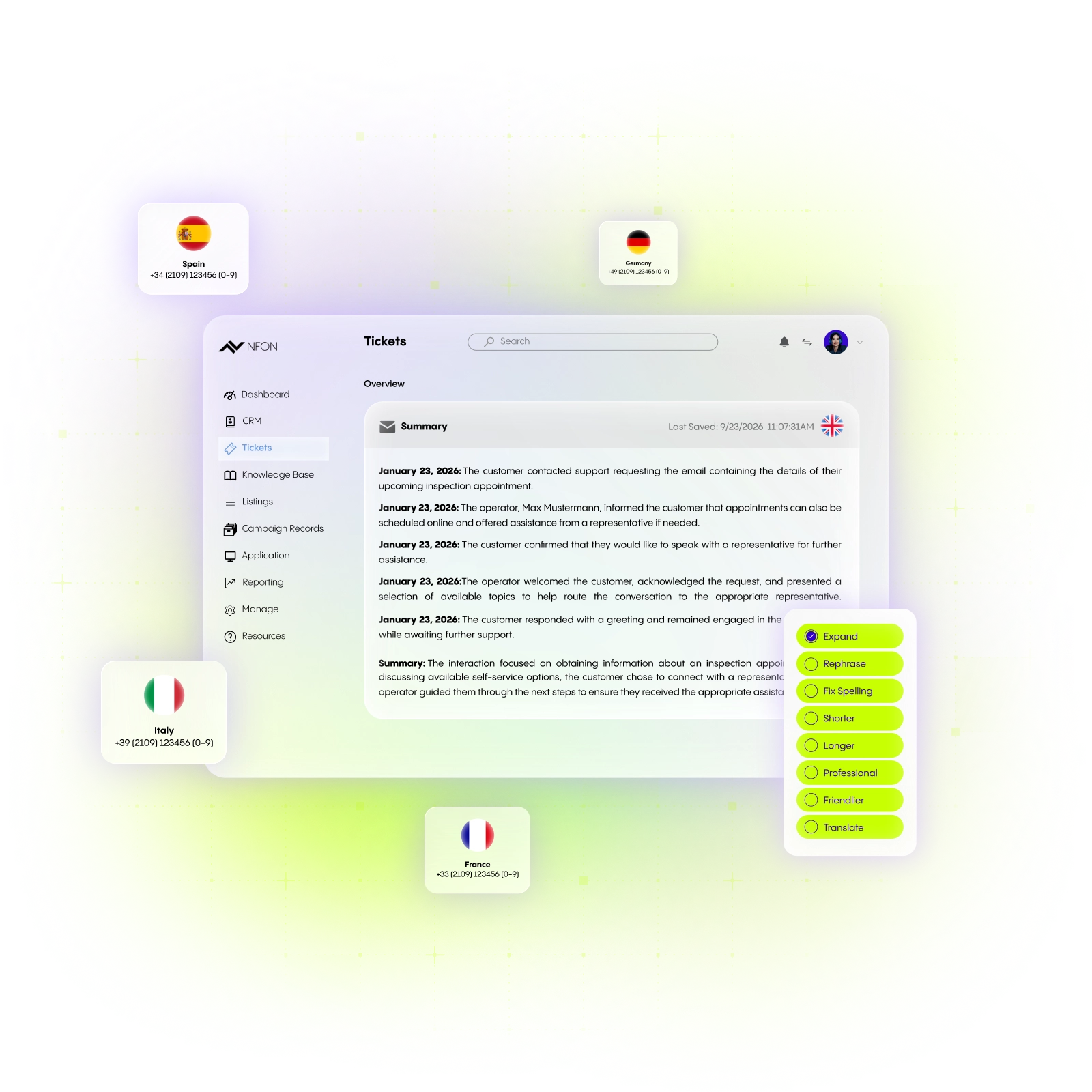 NFON dashboard interface with ticket summary text and options for translation in English, Spanish, Italian, and French set against a vibrant yellow-green background.