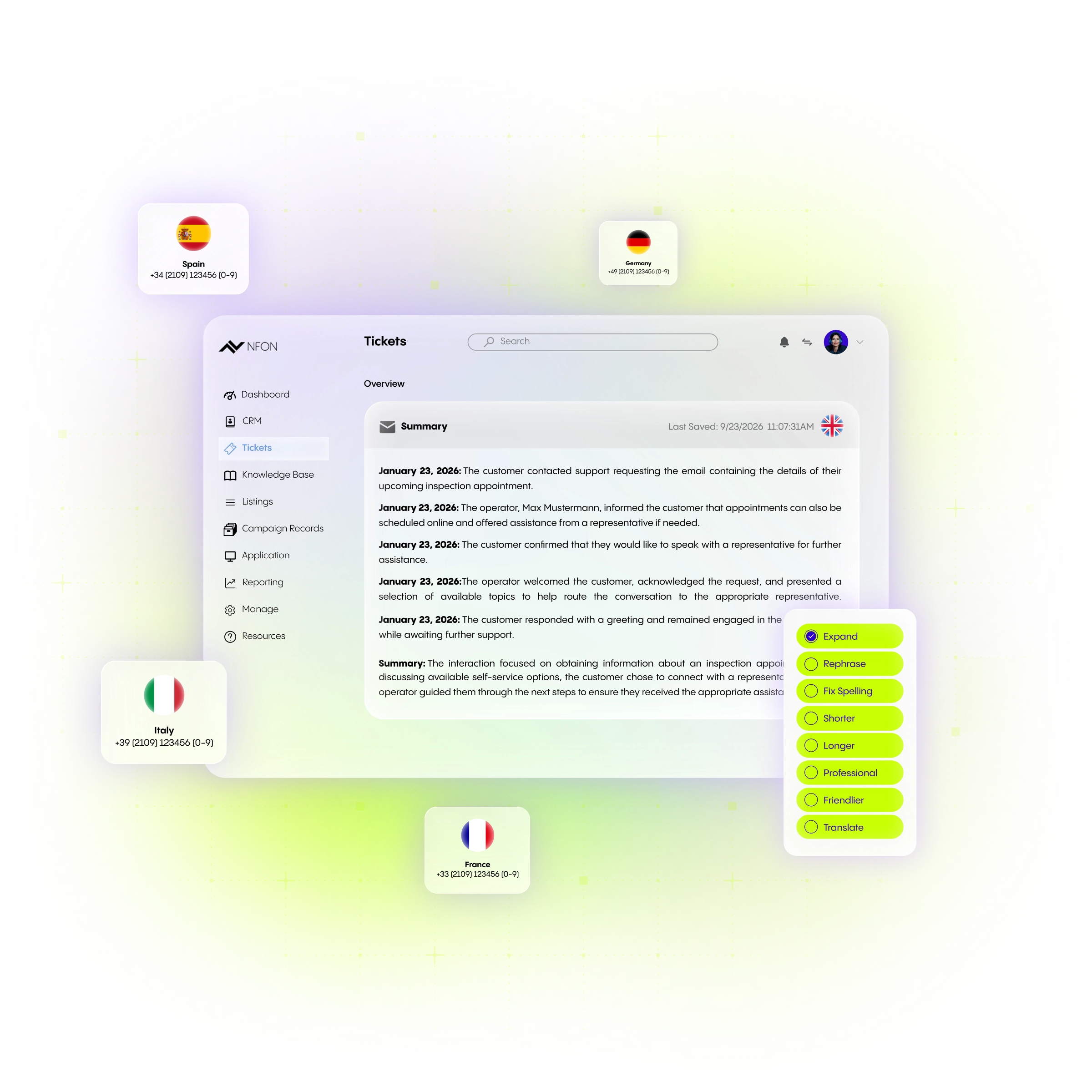 Benutzeroberfläche des NFON Contact Centers mit einer Übersicht der Support-Tickets, verschiedenen Sprachoptionen und farblich gekennzeichneten Prioritätsstatus.