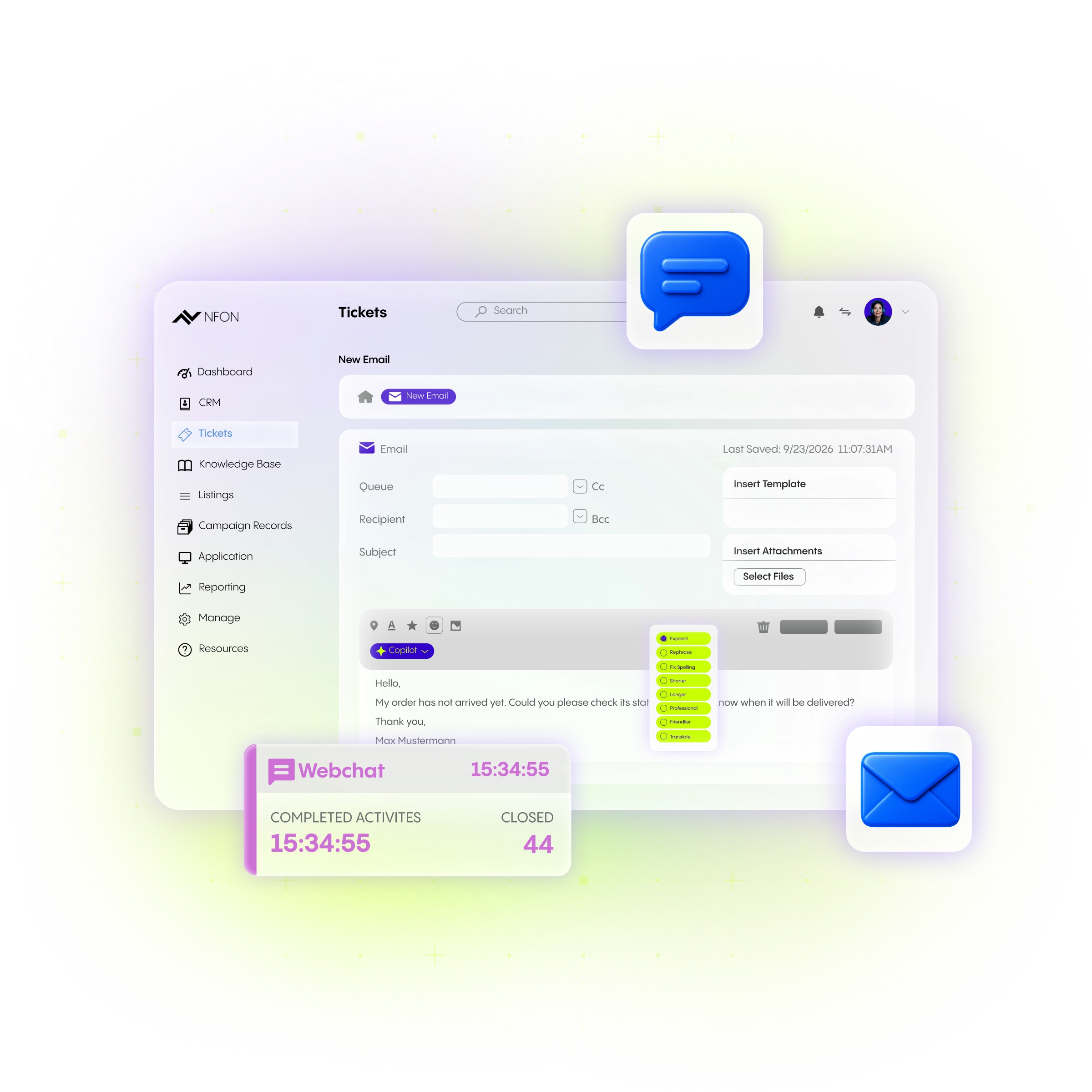 Ticketing-System des NFON Contact Centers mit E-Mail- und Chat-Symbolen, das Optionen zum Senden und Nachverfolgen von Nachrichten anzeigt.