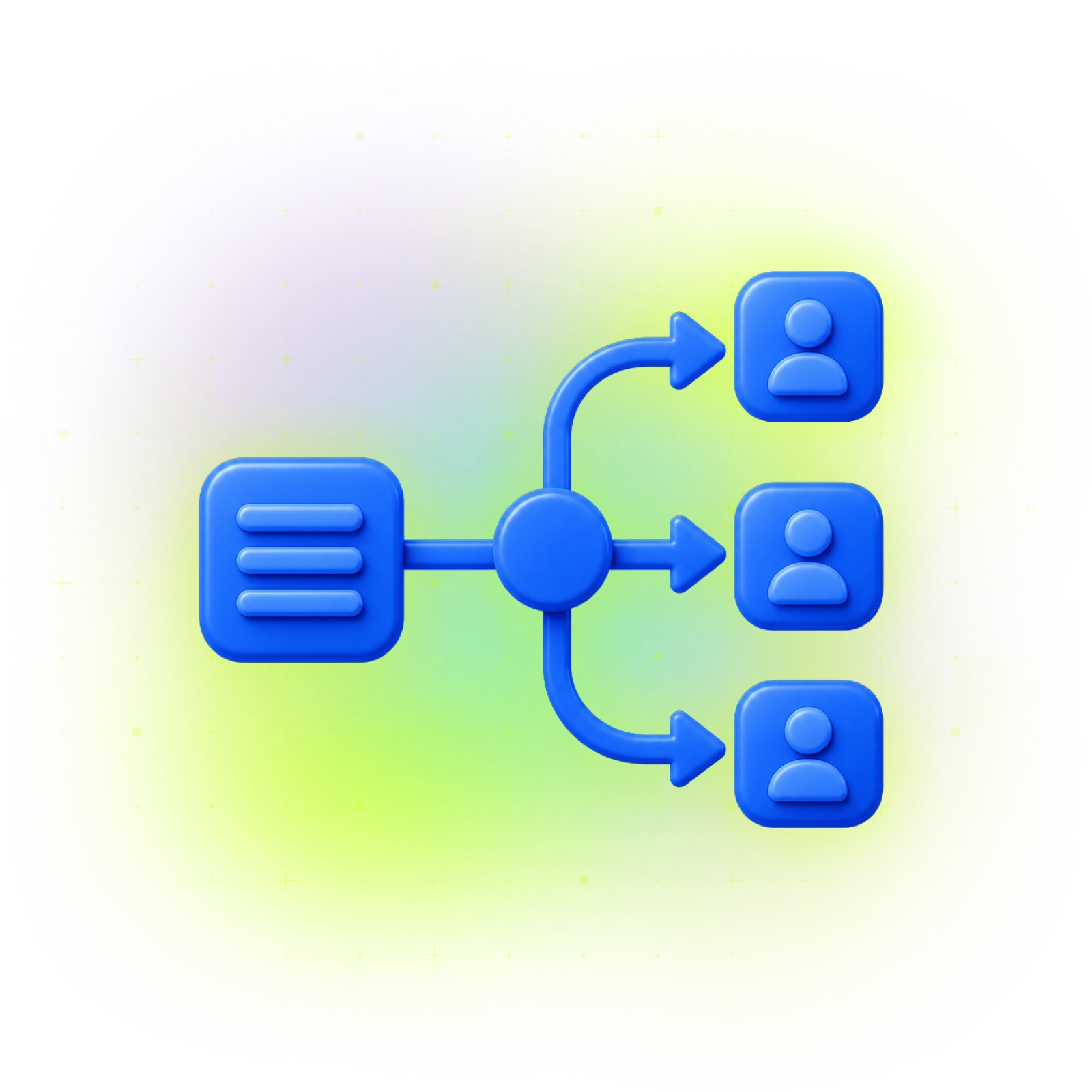 Blue flowchart icon on a yellow-green background, s1owing arrows connecting a document to three user icons, representing information distribution.