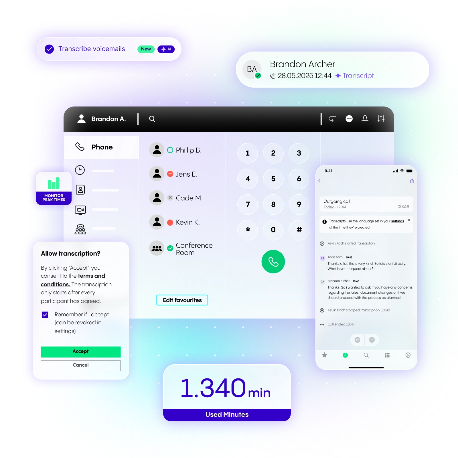 User interface showing a phone dialer, voicemail transcription toggle, and usage summary of 1,340 minutes on a vibrant gradient background.