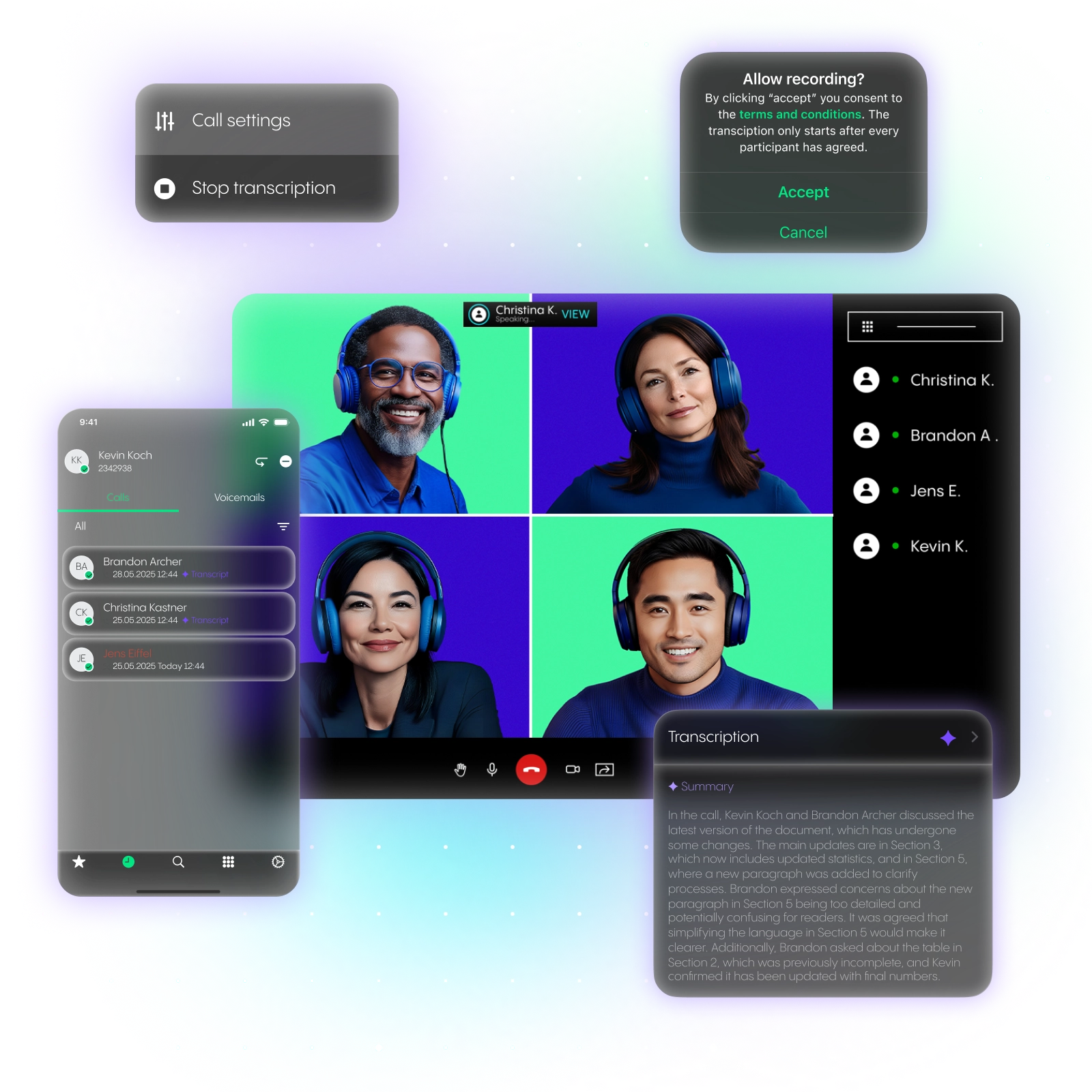 A video call interface with four participants wearing headphones, surrounded by call settings, contact list, and transcription text.