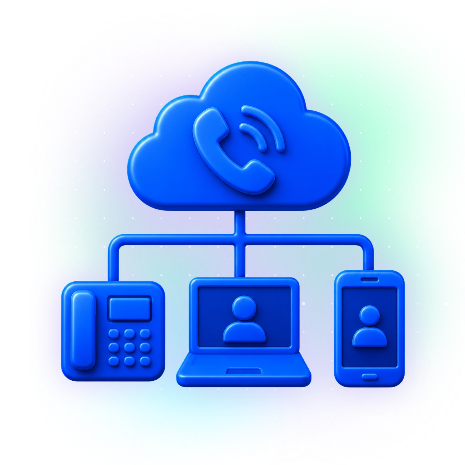 Blue cloud icon with phone symbol connected to a telephone, laptop, and smartphone on a green and purple gradient background.