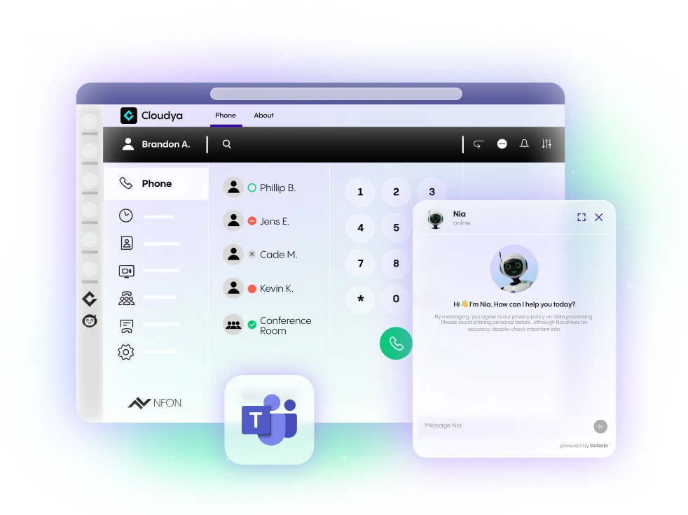 A digital interface showing NFON Cloud Telephony with a contact list and dial pad, with a chatbot interaction and Microsoft Teams logo overlay.