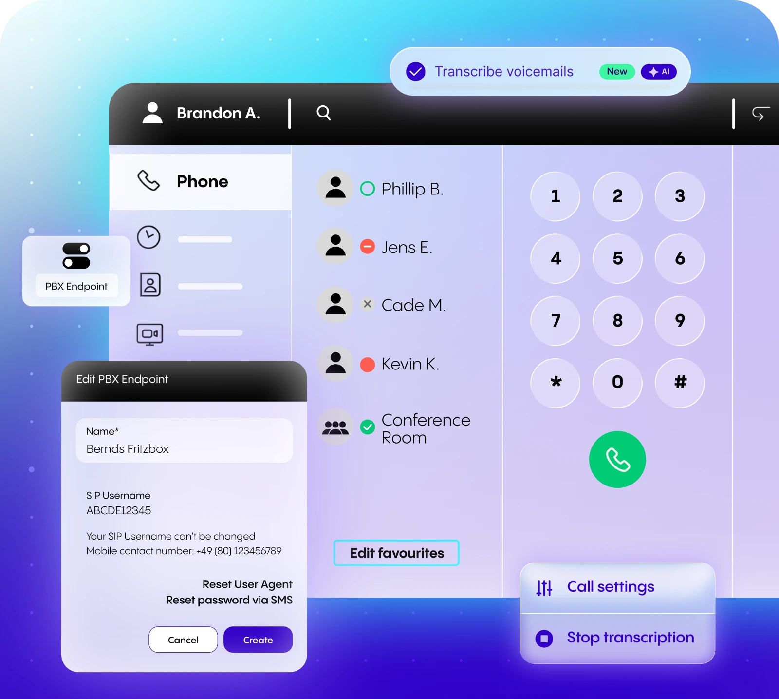 NFON's phone interface with contacts, keypad, and settings. Features include voicemail transcription, call settings, and PBX endpoint editing.