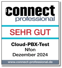 Badge reading "connect professional: SEHR GUT, Cloud-PBX-Test, Nfon, Dezember 2024" with a website link below.