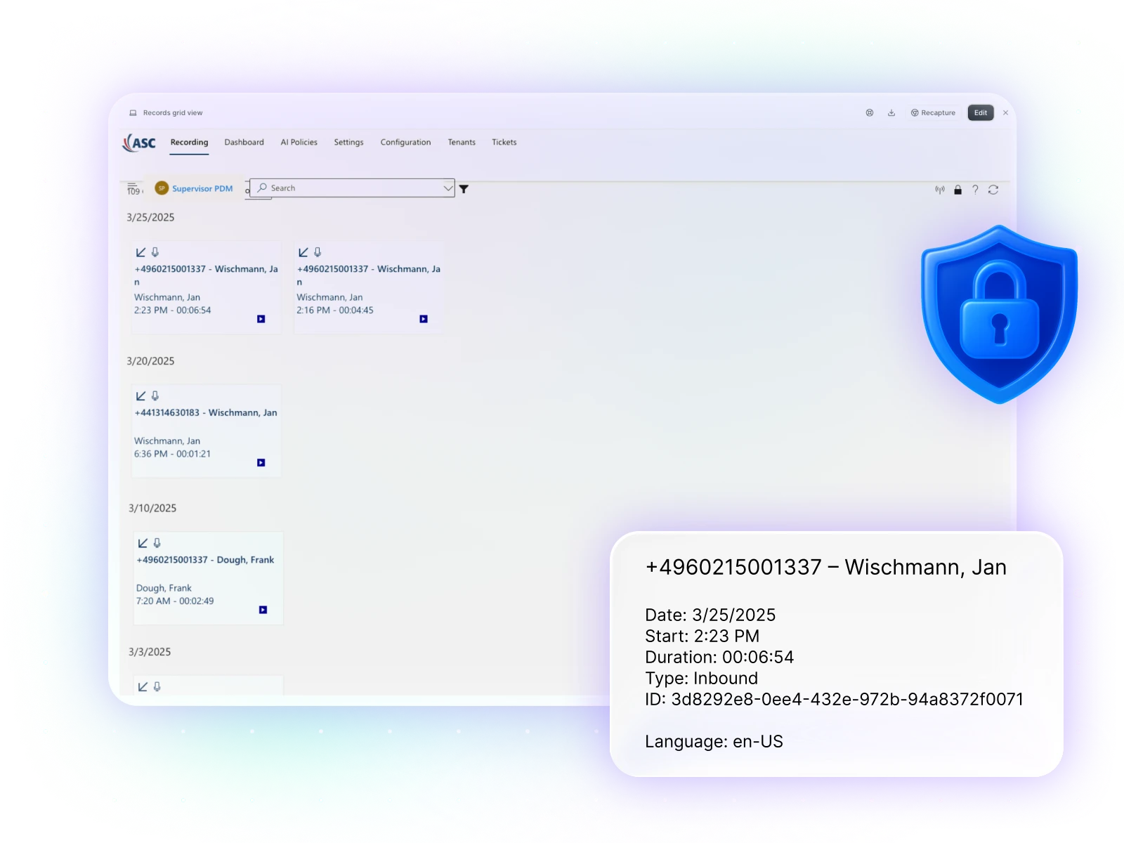 A digital interface displaying call records from March 2025 with a security shield icon, showing call details for Wischmann and Dough.