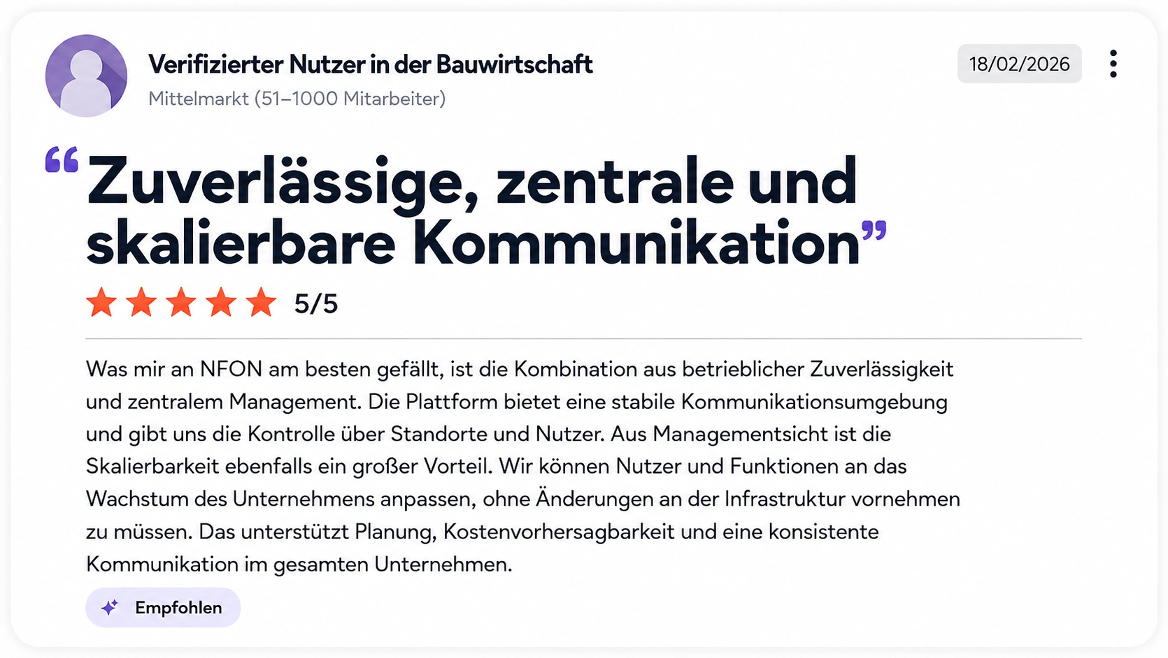 Bewertungskarte eines verifizierten Nutzers aus der Bauwirtschaft mit 5-Sterne-Bewertung und Zitat über zuverlässige, zentrale und skalierbare Kommunikation mit NFON.