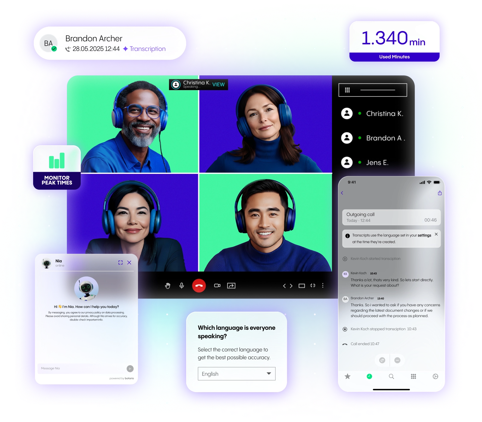 An NFON video conference with four people wearing headphones. Next to them, transcription tools, call logs, and language settings are displayed on a colorful interface.