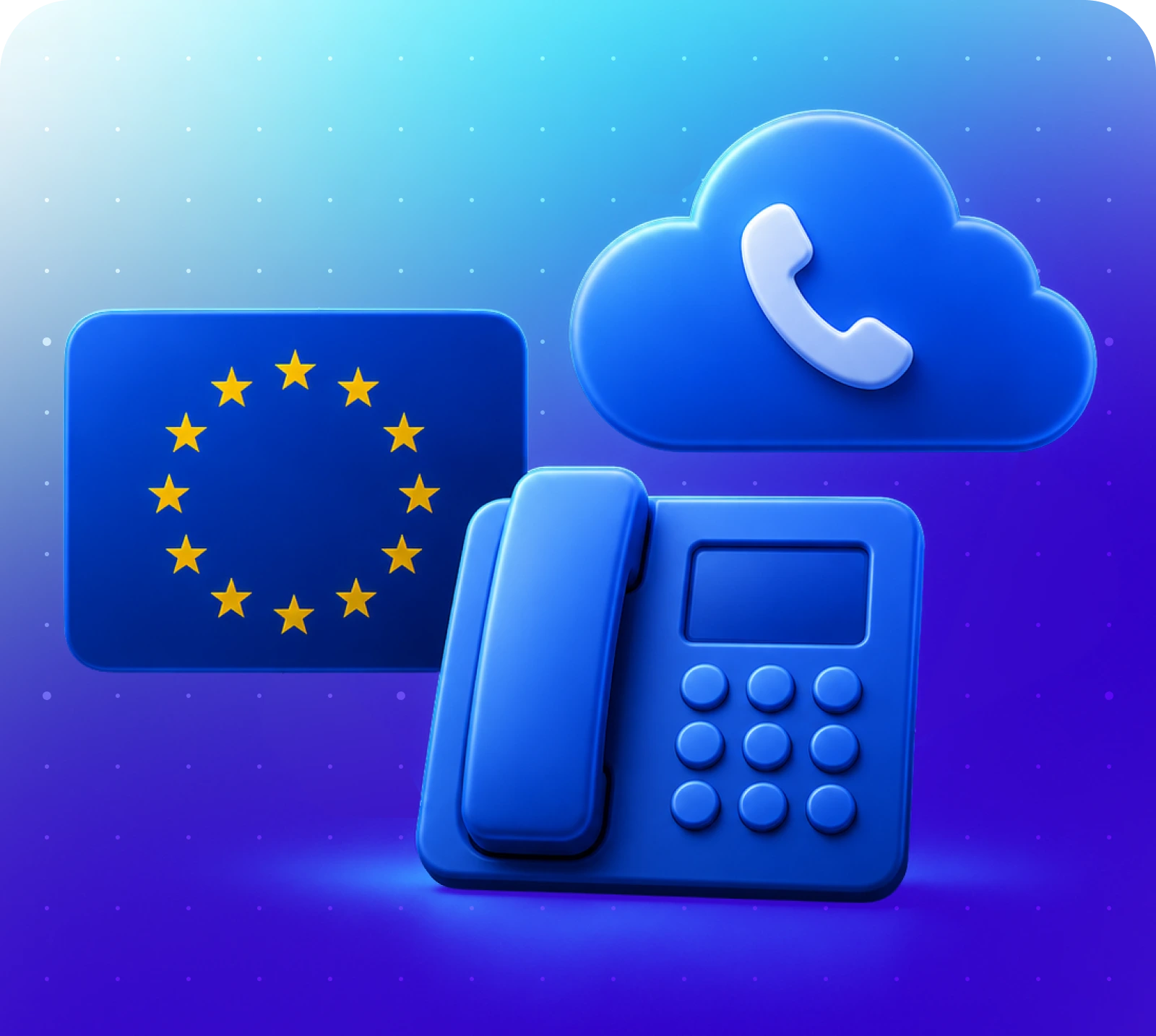 Icons of a cloud with a phone symbol, a telephone, and the EU flag, on a gradient blue background.
