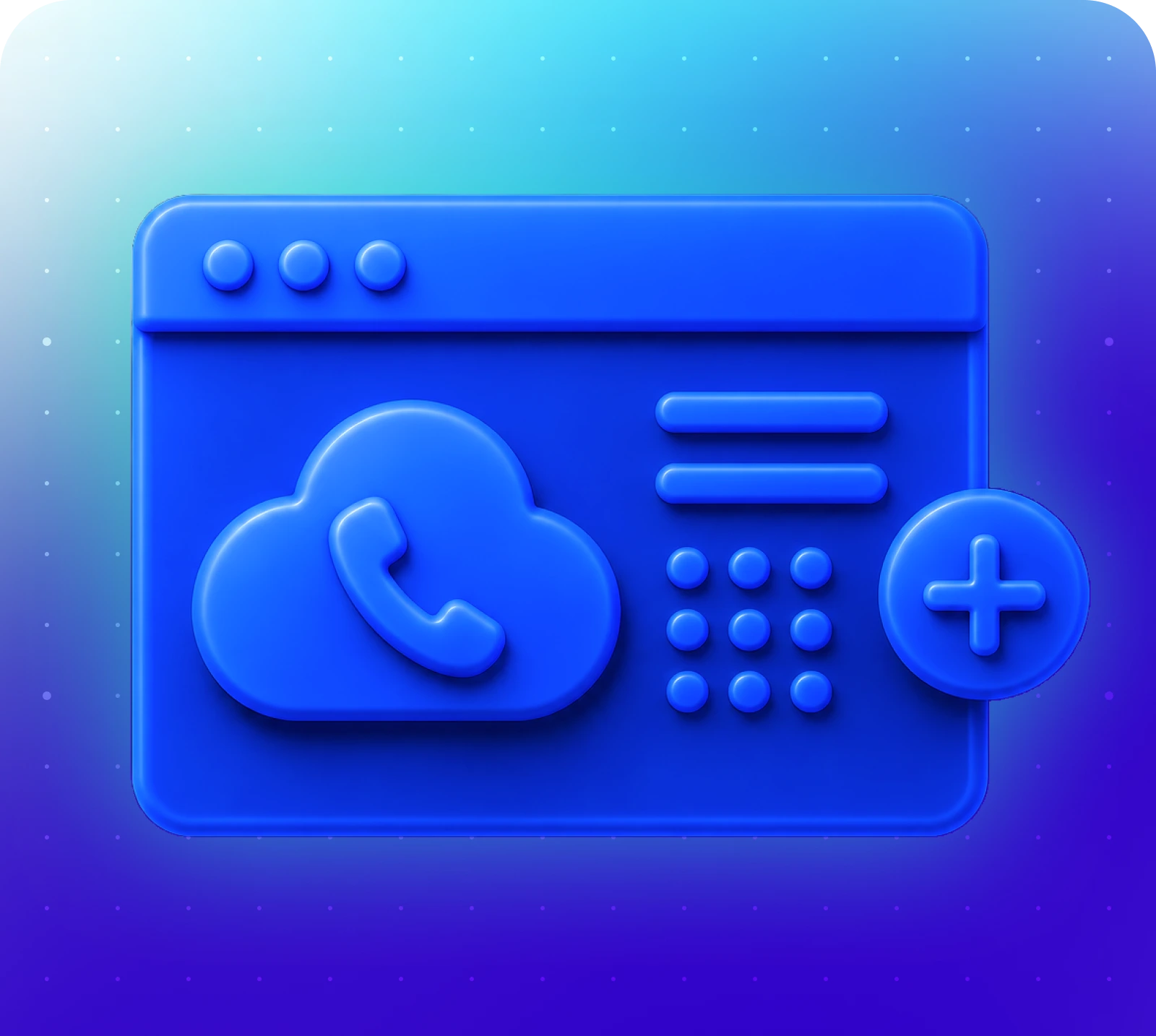 Blue icon of a web interface with a cloud, phone symbol, and plus sign.