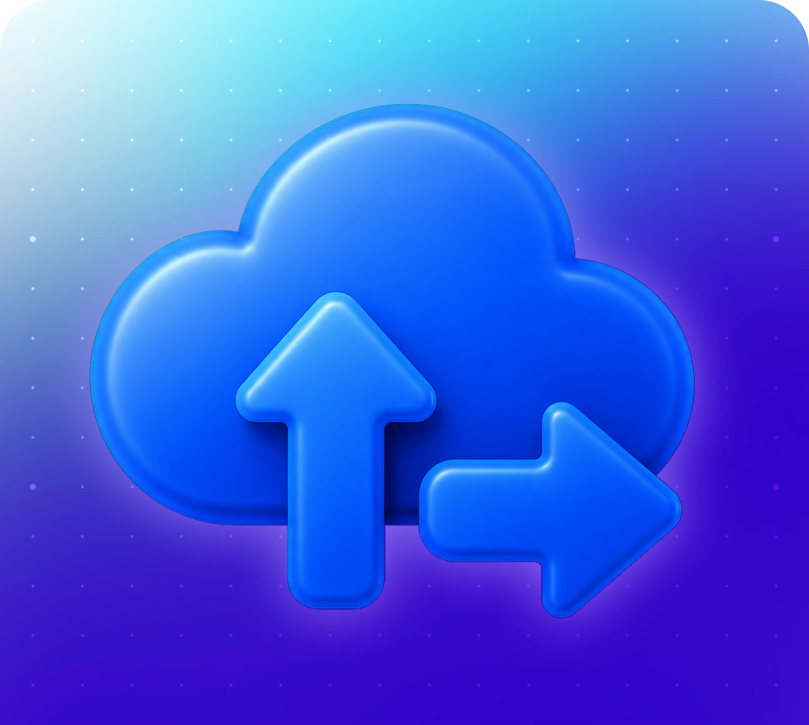 A blue cloud icon with an upward and a rightward arrow on a gradient blue and purple background with small white dots.