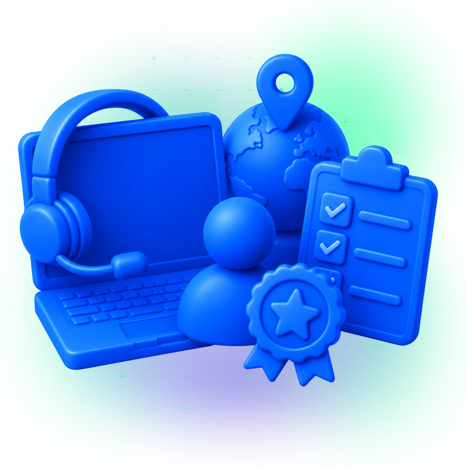 Iconos 3D azules de un portátil, auriculares, globo, lista de verificación e insignia con estrella.