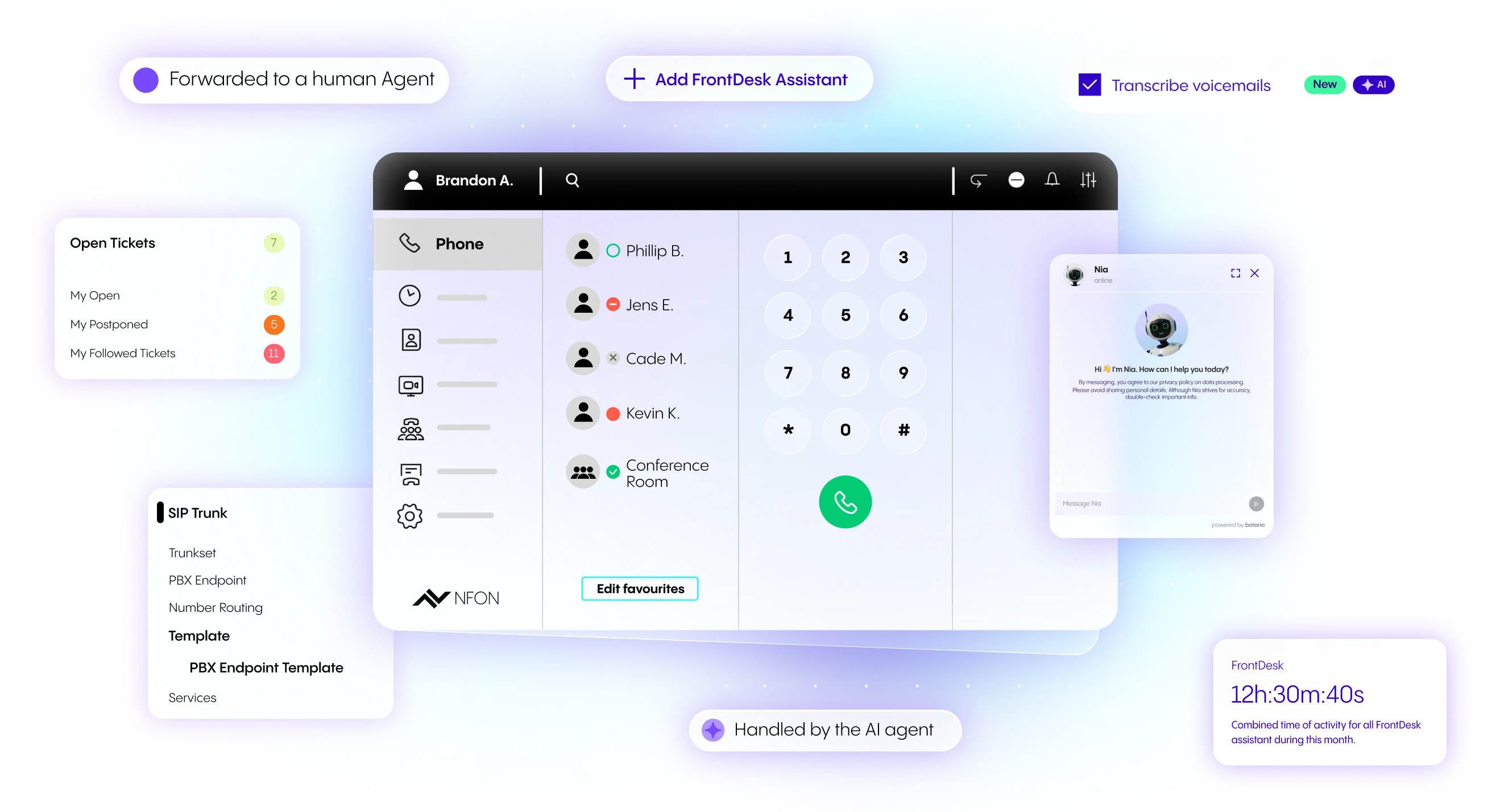 NFON's digital interface displaying a phone dialer, chat box, open tickets, and AI features on a vibrant, colorful background.