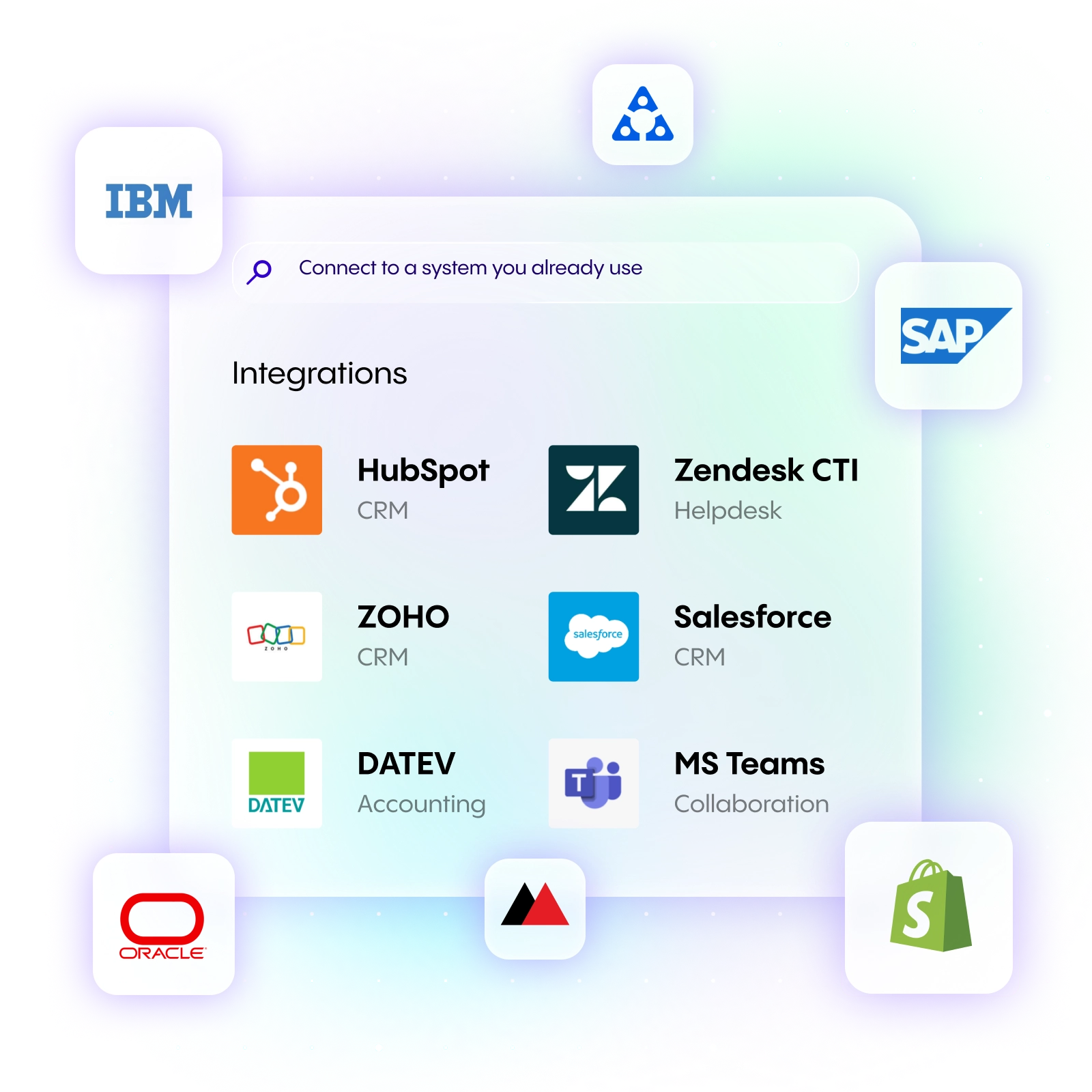 NFON's integration options include HubSpot, Zendesk, ZOHO, Salesforce, DATEV, MS Teams, with logos of IBM, SAP, Oracle, and Shopify.