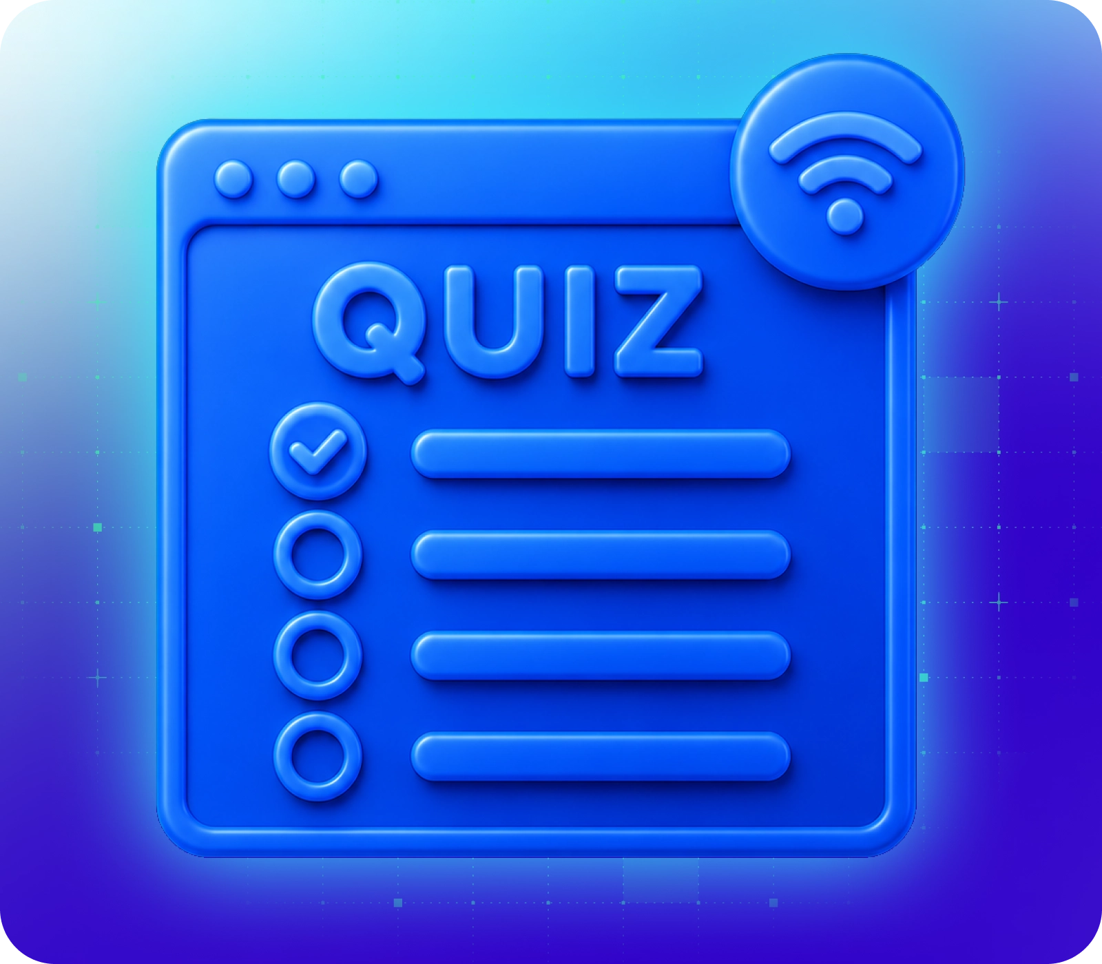 Blue 3D icon of a quiz interface with checkboxes and a Wi-Fi signal symbol on a gradient background.
