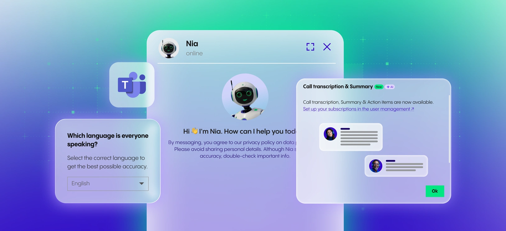 Interface showing NFON's digital assistant Nia, language selection, and call transcription options alongside a Microsoft Teams logo, on a gradient background.