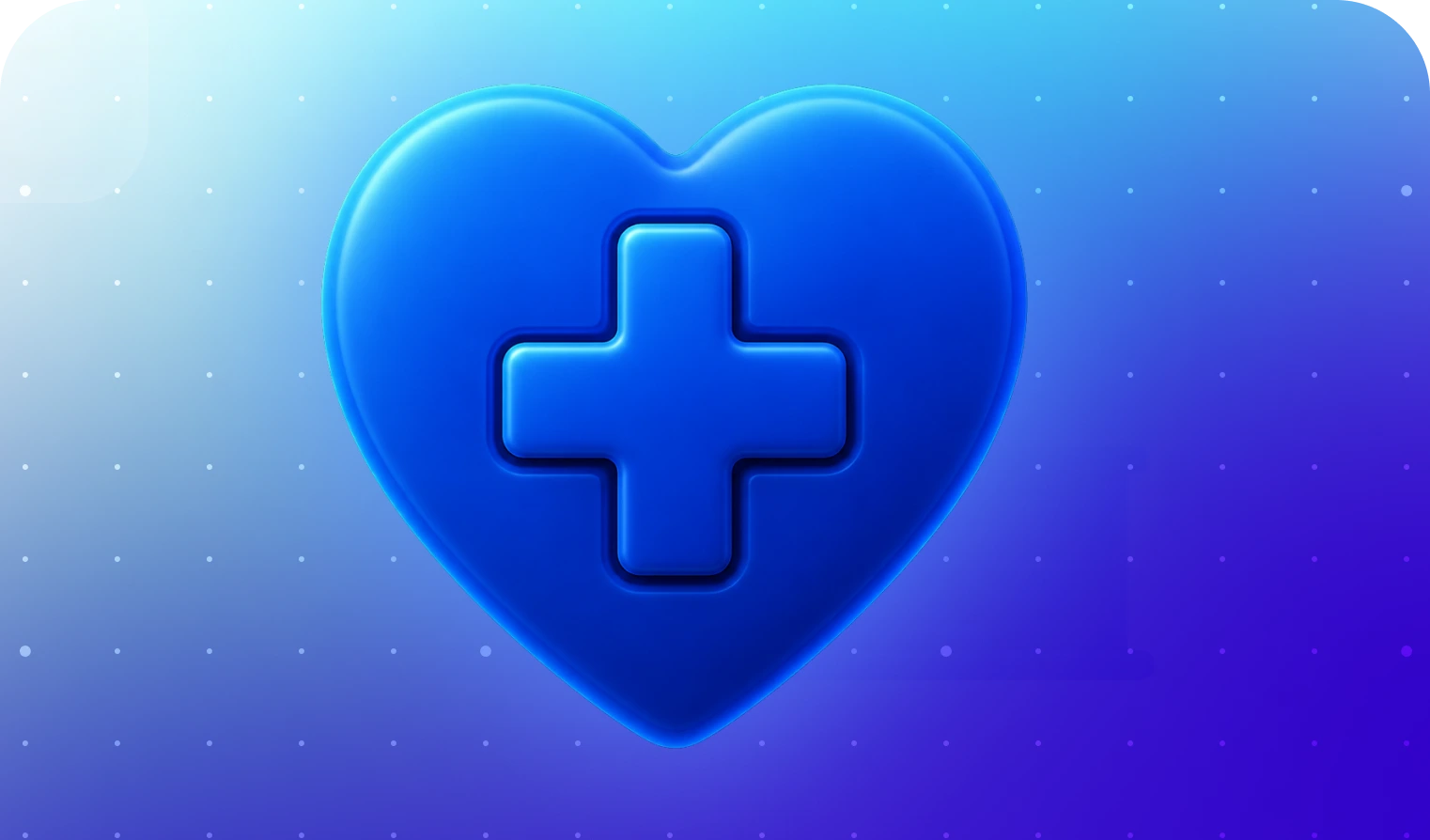 Un corazón azul en 3D con una cruz médica en el centro que simboliza el sector sanitario.