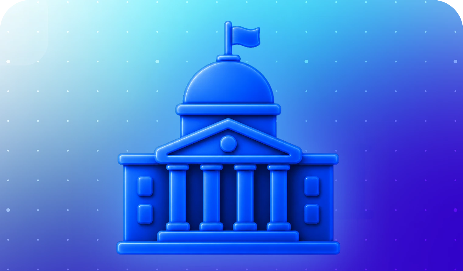 Ilustración 3D en azul de un edificio neoclásico con columnas y una cúpula rematada por una bandera, que simboliza las instituciones públicas.
