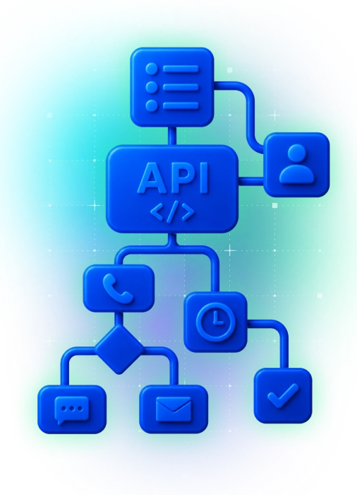 Ein blaues Flussdiagramm veranschaulicht die API-Verbindungen von NFON und verknüpft Symbole für Liste, Person, Telefon, Uhr, Chat, E-Mail und Häkchen vor einem Hintergrund mit Farbverlauf.