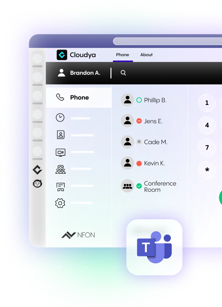 Screenshot der NFON-Cloud-Telefonie-Oberfläche mit Kontaktliste und Integration in Microsoft Teams, der Benutzerstatus und Optionen anzeigt.