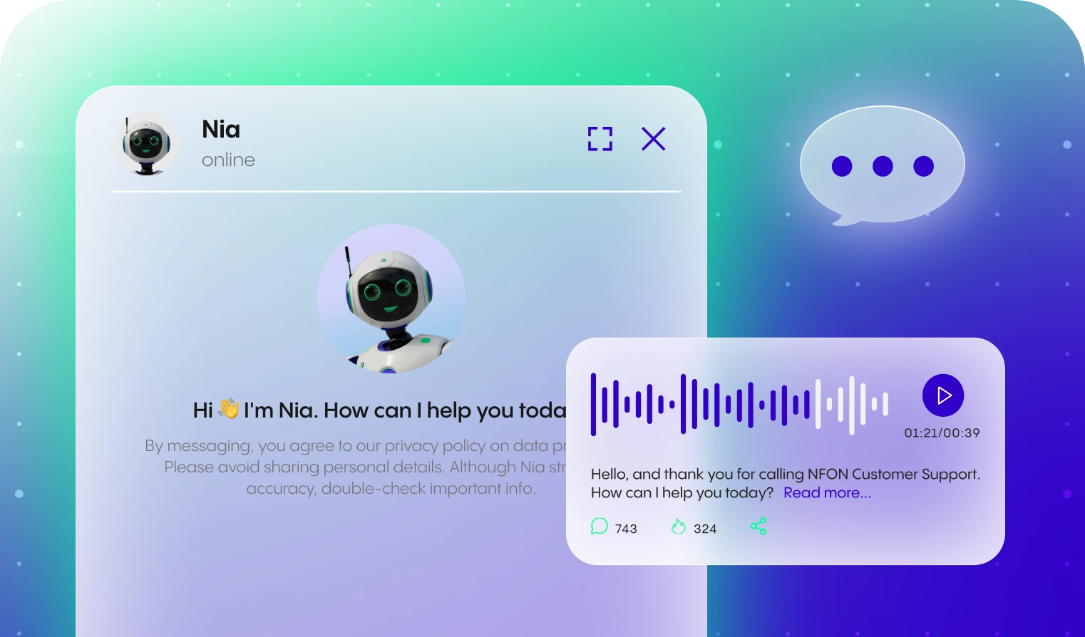 Der KI-Chatbot Nia von NFON zeigt eine Willkommensnachricht und eine Audionachricht an.