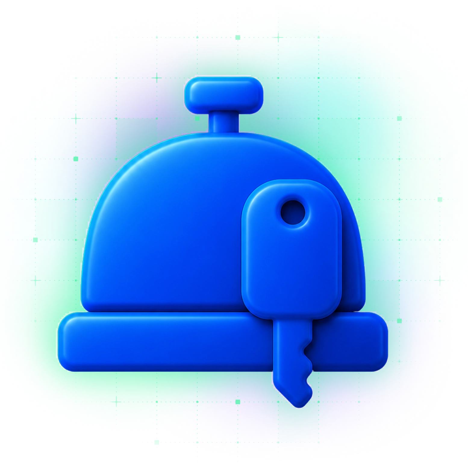 Blaue Illustration einer Empfangsglocke mit einem Schlüssel.