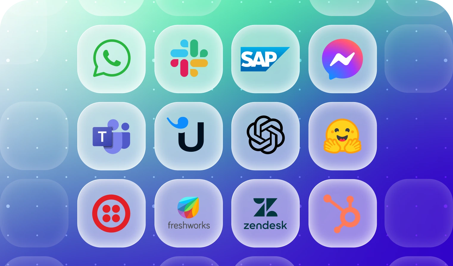 Ein Raster aus 12 App-Symbolen: WhatsApp, Slack, SAP, Facebook Messenger, Microsoft Teams, Userlike, OpenAI, Hugging Face, Twilio, Freshworks, Zendesk, HubSpot.
