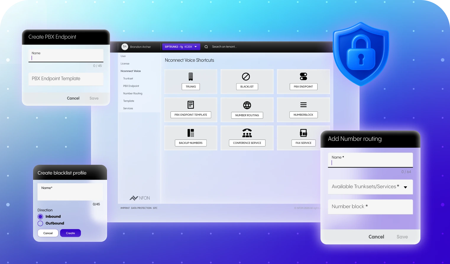 NFON SIP Trunk interface showing voice shortcuts management, shield icon for security, and pop-ups for creating PBX endpoint, blacklists, and number routing.