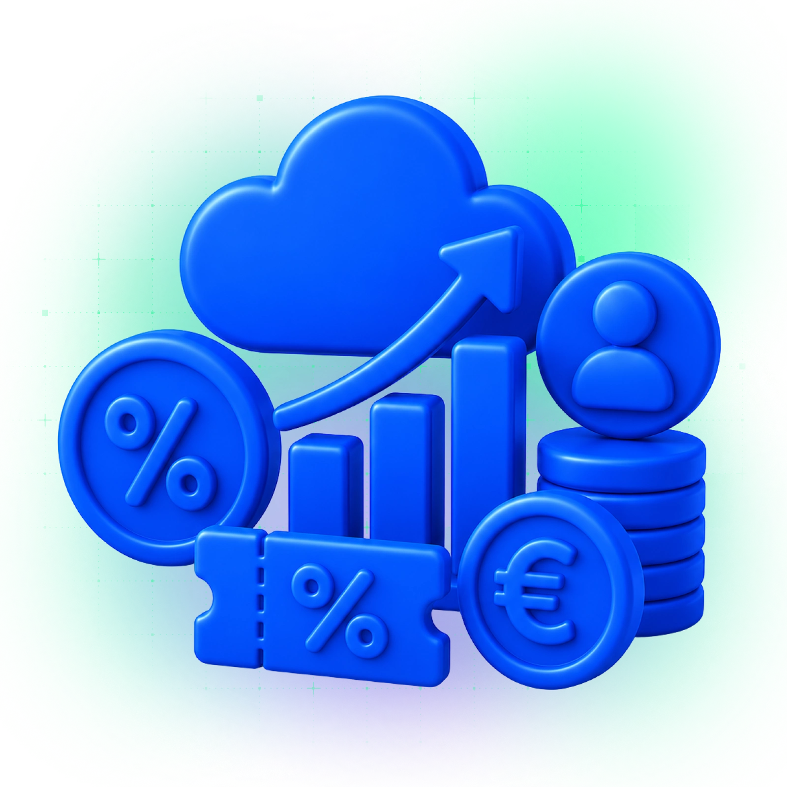 Blaue Symbole – darunter eine Wolke, ein nach oben gerichteter Graph, das Euro-Zeichen, Prozentzeichen und Münzstapel –, die Wachstum und finanziellen Erfolg durch das NFON-Partnerprogramm symbolisieren.