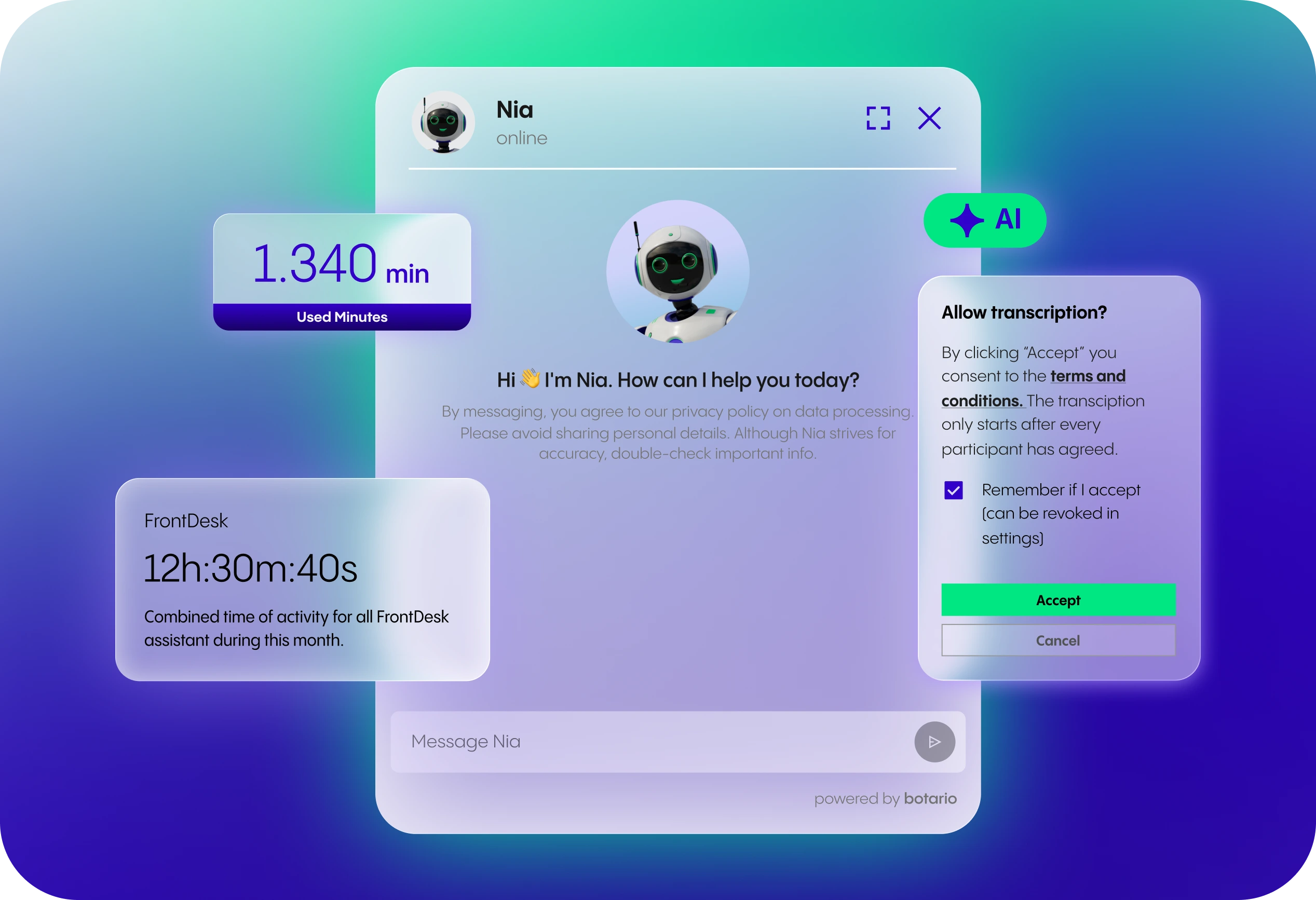 Die Nia-Chatbot-Schnittstelle von NFON mit der Anzeige verbrauchter Minuten und der Option, die Transkription gemäß den Allgemeinen Geschäftsbedingungen zuzulassen.