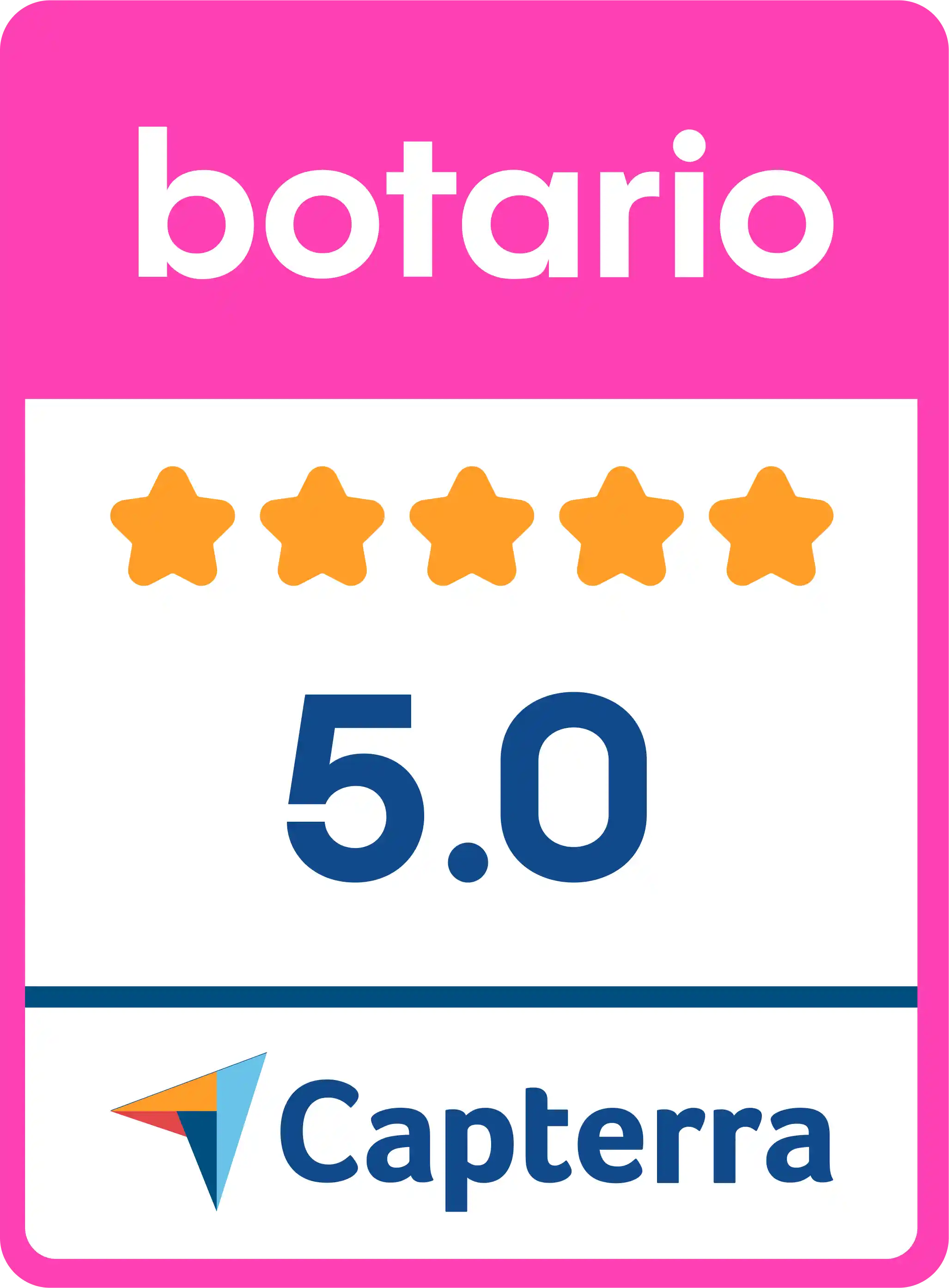 Pink badge showing "botario" with a 5-star rating and "5.0" score from Capterra.